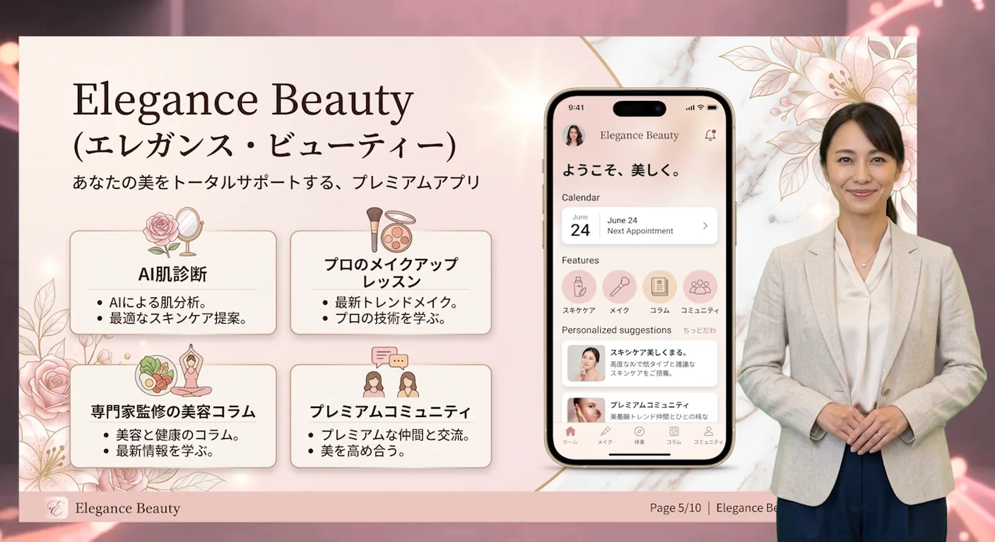 美容アプリの紹介資料をAIアバターが解説する動画例