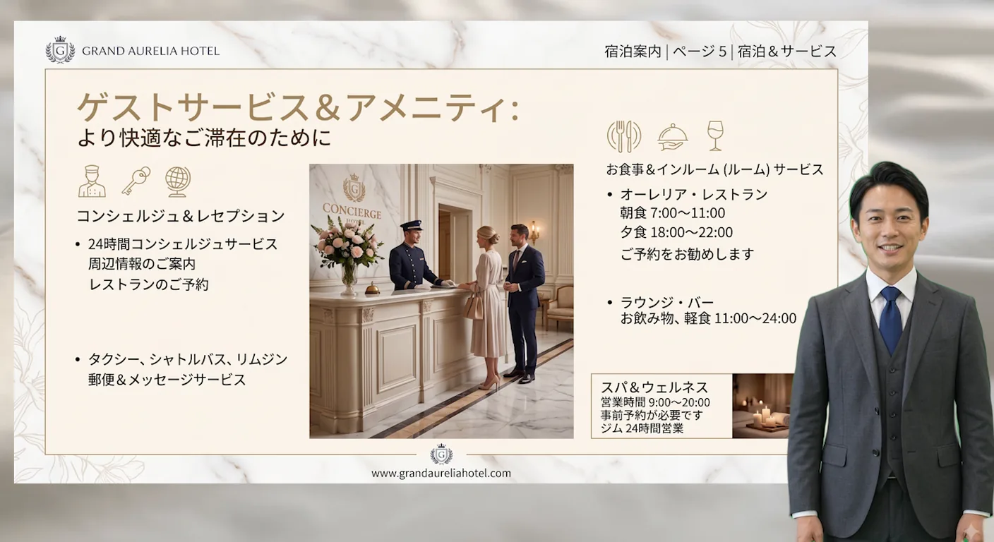 ホテルの宿泊案内をAIアバターが解説する動画例