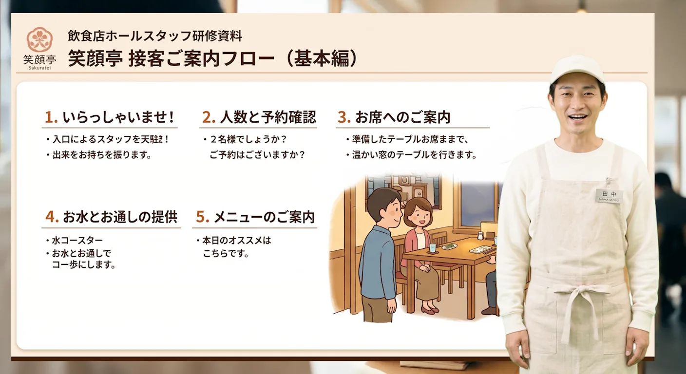 飲食店ホールスタッフ研修をAIアバターが解説する動画例