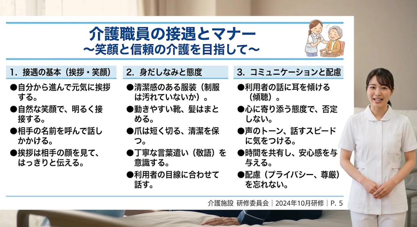 介護職員の接遇マナー研修をAIアバターが解説する動画例